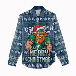 Personalized Canberra Raiders Christmas Women Casual Shirt Australian Rugby Fans - Pixelated Ugly Xmas Pattern Mascot Santa