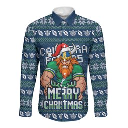 Personalized Canberra Raiders Christmas Long Sleeve Button Shirt Australian Rugby Fans - Pixelated Ugly Xmas Pattern Mascot Santa