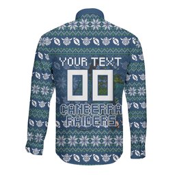 Personalized Canberra Raiders Christmas Long Sleeve Button Shirt Australian Rugby Fans - Pixelated Ugly Xmas Pattern Mascot Santa
