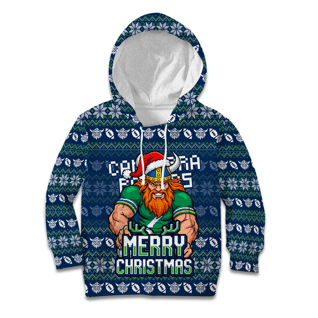 Personalized Canberra Raiders Christmas Kid Hoodie Australian Rugby Fans - Pixelated Ugly Xmas Pattern Mascot Santa