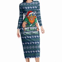 Personalized Canberra Raiders Christmas Long Sleeve Bodycon Dress Australian Rugby Fans - Pixelated Ugly Xmas Pattern Mascot Santa