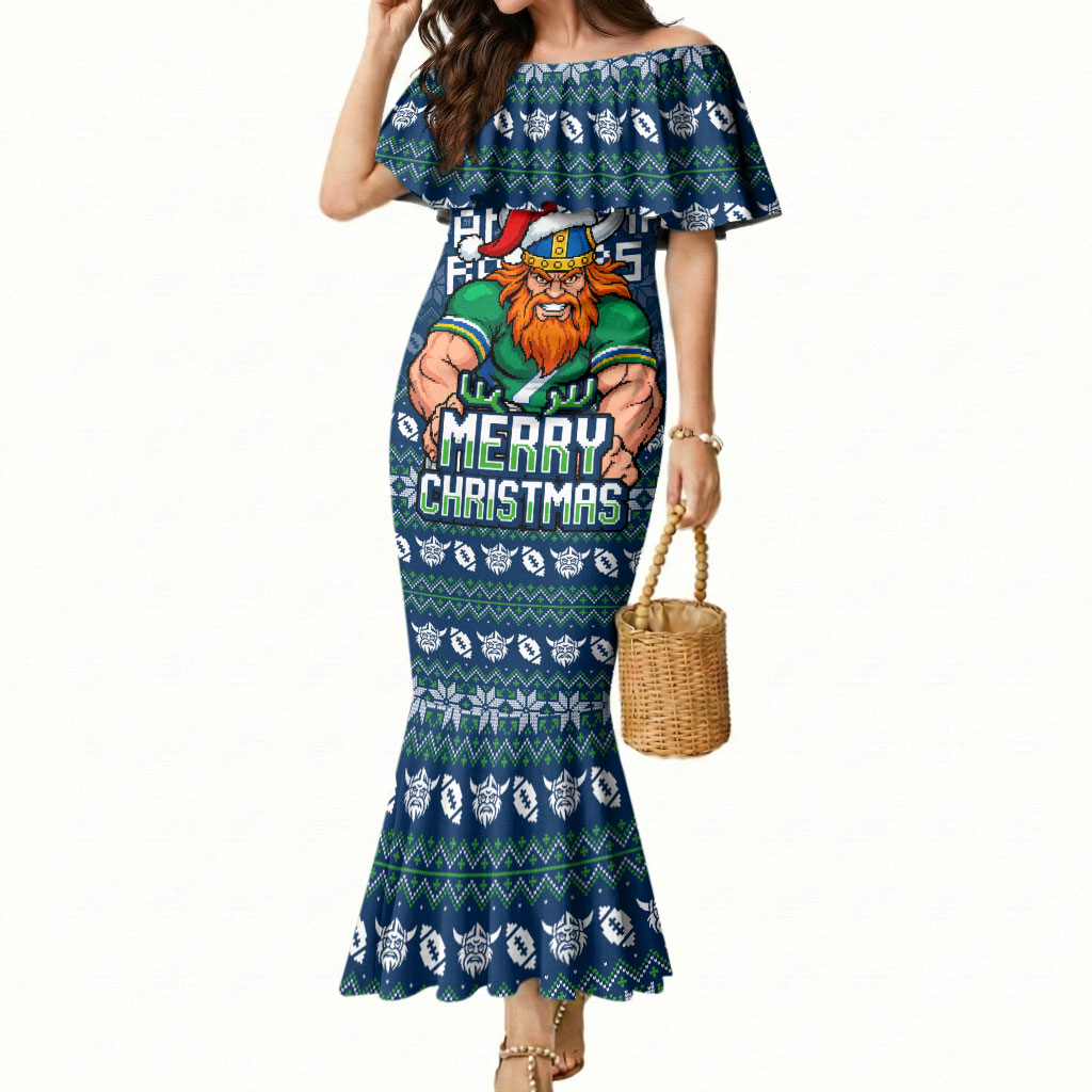Personalized Canberra Raiders Christmas Mermaid Dress Australian Rugby Fans - Pixelated Ugly Xmas Pattern Mascot Santa