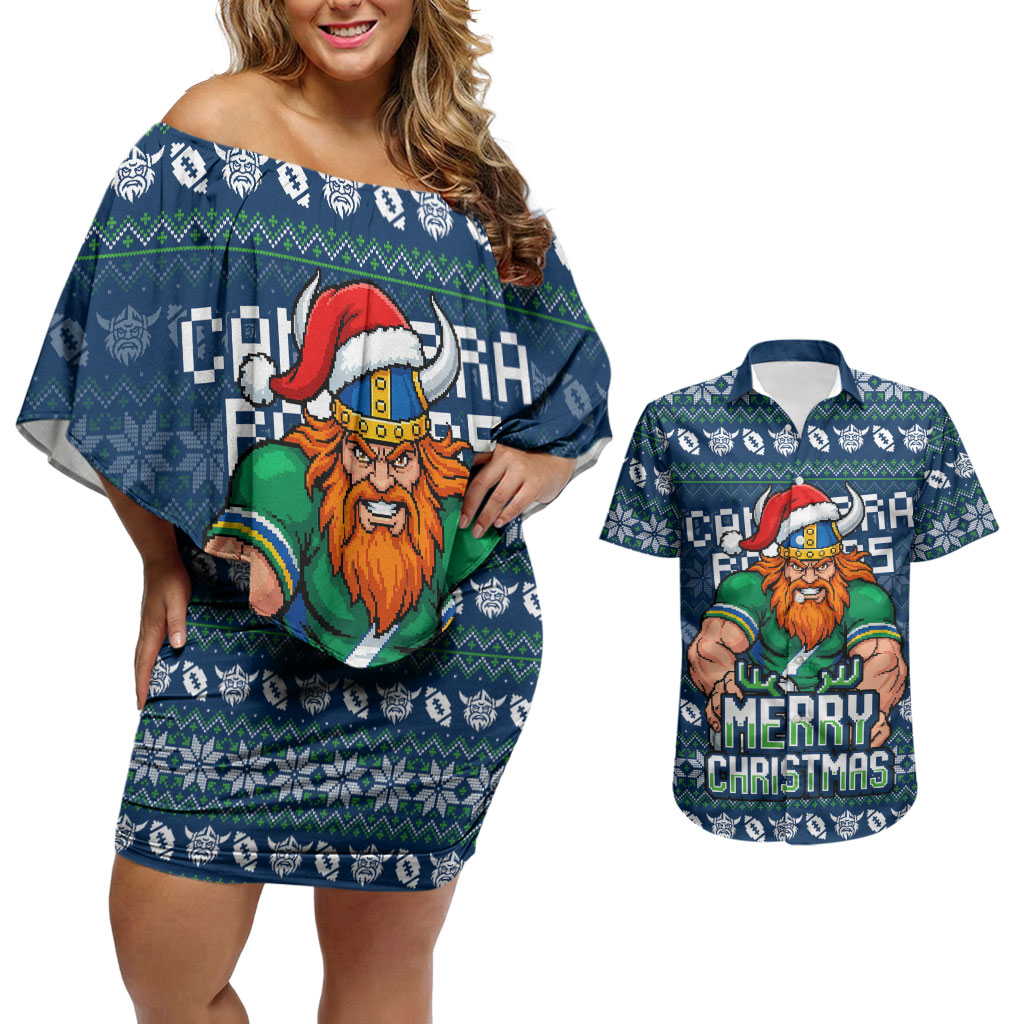 Personalized Canberra Raiders Christmas Couples Matching Off Shoulder Short Dress and Hawaiian Shirt Australian Rugby Fans - Pixelated Ugly Xmas Pattern Mascot Santa