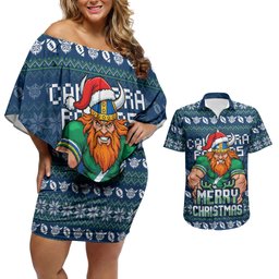 Personalized Canberra Raiders Christmas Couples Matching Off Shoulder Short Dress and Hawaiian Shirt Australian Rugby Fans - Pixelated Ugly Xmas Pattern Mascot Santa