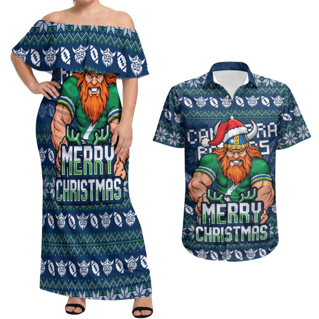 Personalized Canberra Raiders Christmas Couples Matching Off Shoulder Maxi Dress and Hawaiian Shirt Australian Rugby Fans - Pixelated Ugly Xmas Pattern Mascot Santa