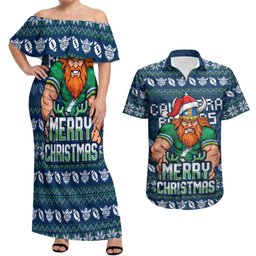Personalized Canberra Raiders Christmas Couples Matching Off Shoulder Maxi Dress and Hawaiian Shirt Australian Rugby Fans - Pixelated Ugly Xmas Pattern Mascot Santa