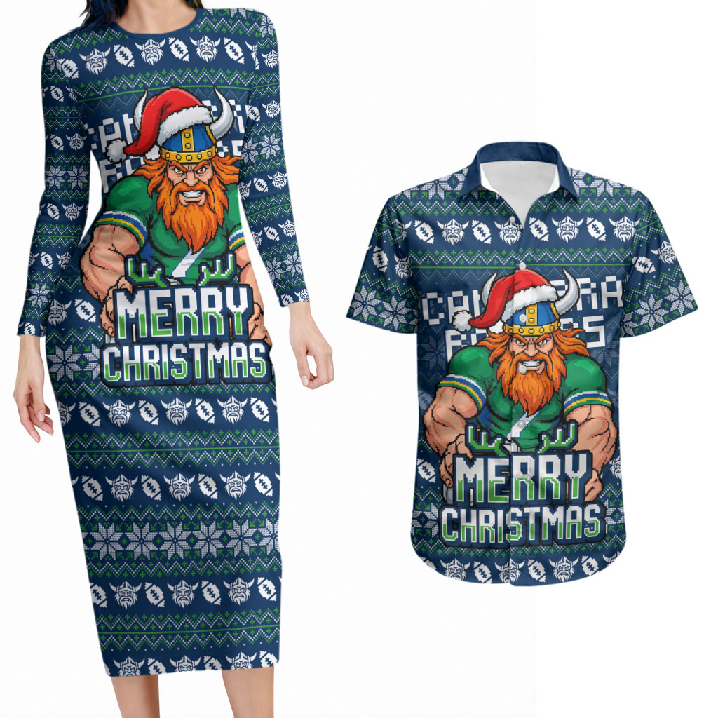 Personalized Canberra Raiders Christmas Couples Matching Long Sleeve Bodycon Dress and Hawaiian Shirt Australian Rugby Fans - Pixelated Ugly Xmas Pattern Mascot Santa