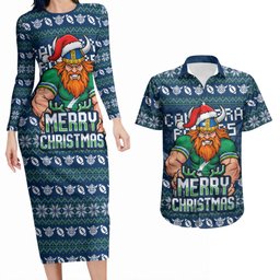 Personalized Canberra Raiders Christmas Couples Matching Long Sleeve Bodycon Dress and Hawaiian Shirt Australian Rugby Fans - Pixelated Ugly Xmas Pattern Mascot Santa
