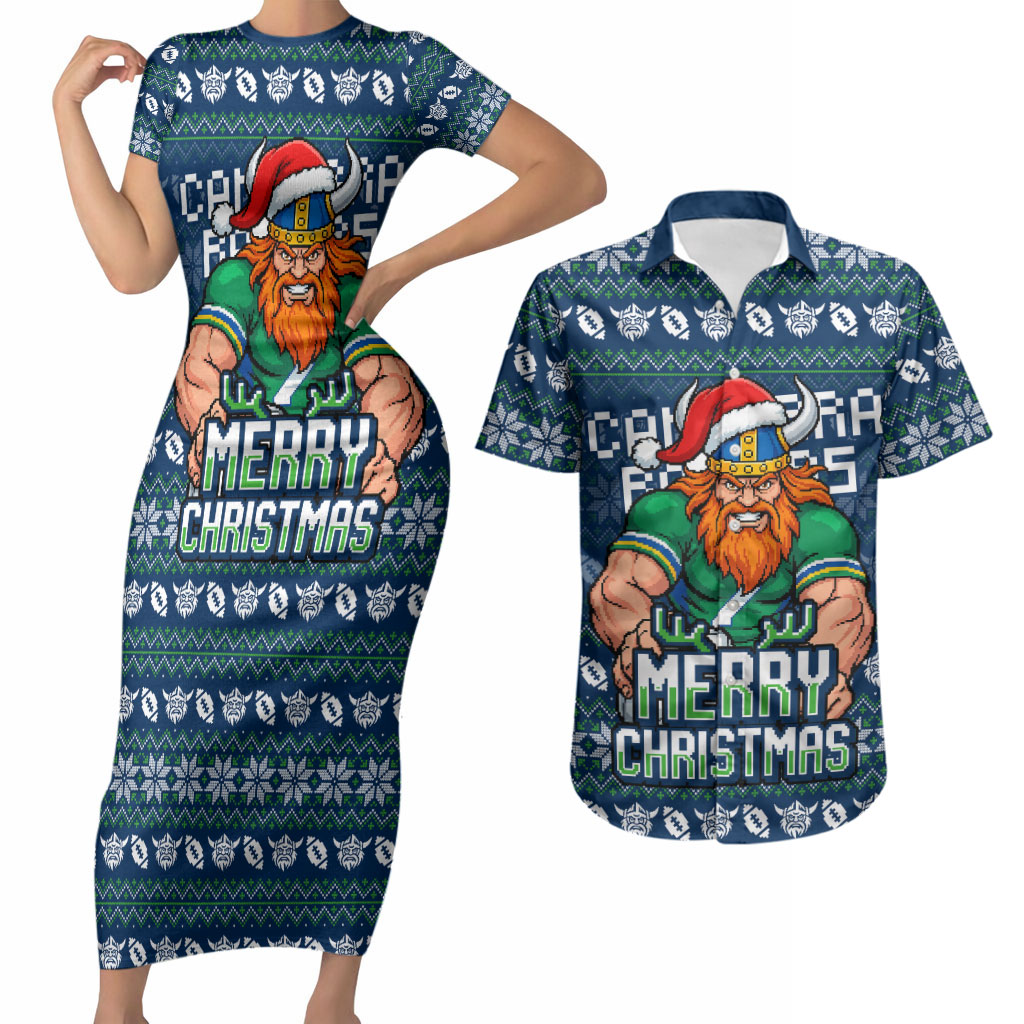 Personalized Canberra Raiders Christmas Couples Matching Short Sleeve Bodycon Dress and Hawaiian Shirt Australian Rugby Fans - Pixelated Ugly Xmas Pattern Mascot Santa