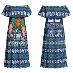 Personalized Canberra Raiders Christmas Couples Matching Off Shoulder Maxi Dress and Hawaiian Shirt Australian Rugby Fans - Pixelated Ugly Xmas Pattern Mascot Santa