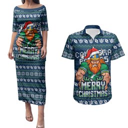 Personalized Canberra Raiders Christmas Couples Matching Puletasi and Hawaiian Shirt Australian Rugby Fans - Pixelated Ugly Xmas Pattern Mascot Santa