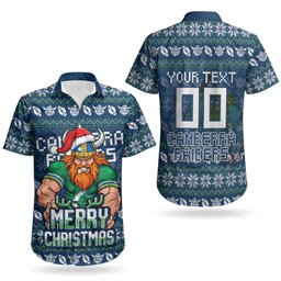 Personalized Canberra Raiders Christmas Couples Matching Long Sleeve Bodycon Dress and Hawaiian Shirt Australian Rugby Fans - Pixelated Ugly Xmas Pattern Mascot Santa