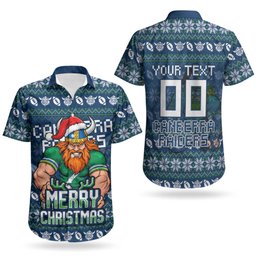 Personalized Canberra Raiders Christmas Couples Matching Short Sleeve Bodycon Dress and Hawaiian Shirt Australian Rugby Fans - Pixelated Ugly Xmas Pattern Mascot Santa