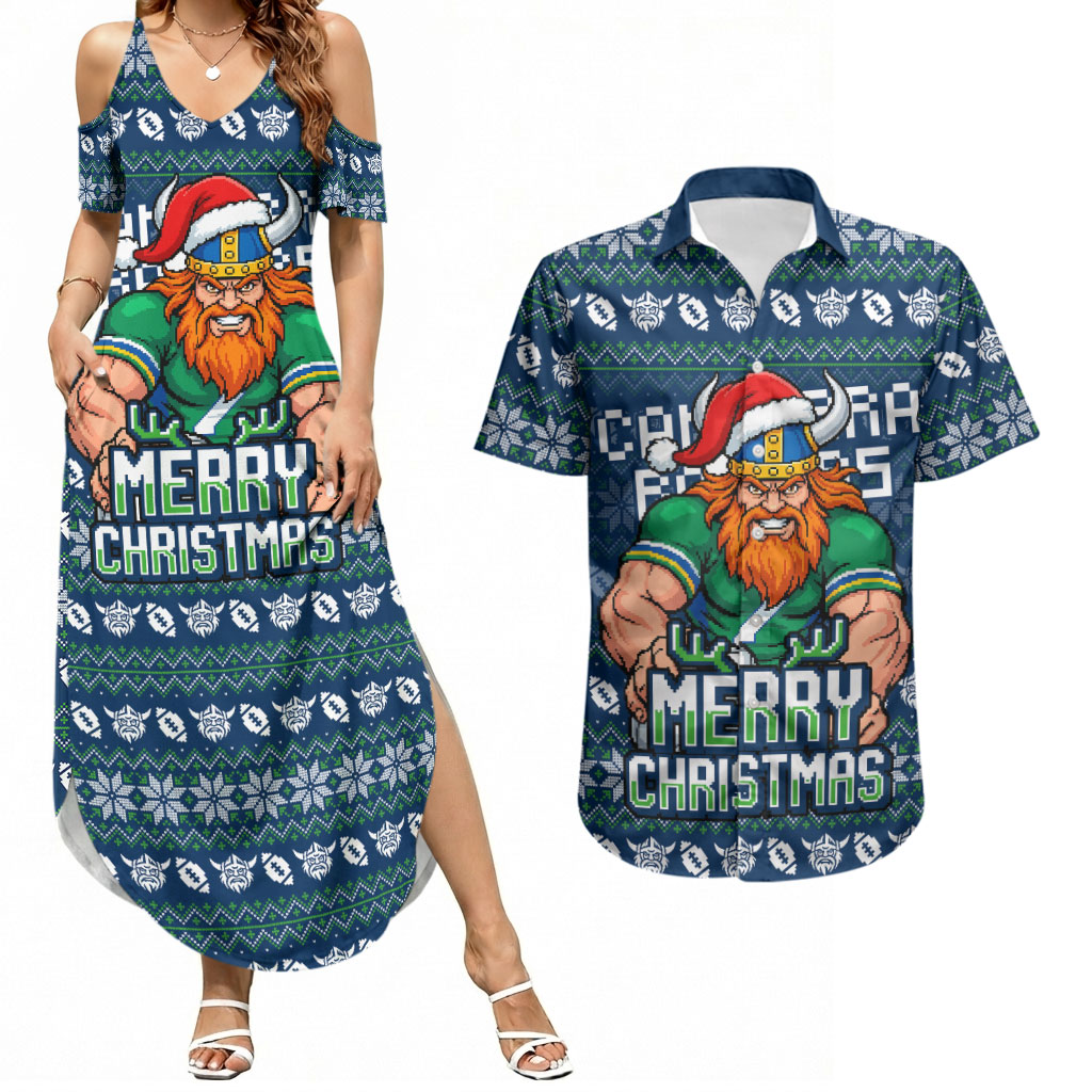 Personalized Canberra Raiders Christmas Couples Matching Summer Maxi Dress and Hawaiian Shirt Australian Rugby Fans - Pixelated Ugly Xmas Pattern Mascot Santa