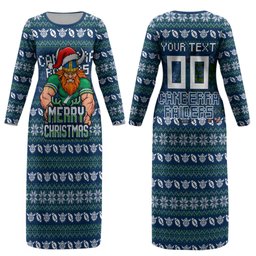 Personalized Canberra Raiders Christmas Couples Matching Long Sleeve Bodycon Dress and Hawaiian Shirt Australian Rugby Fans - Pixelated Ugly Xmas Pattern Mascot Santa
