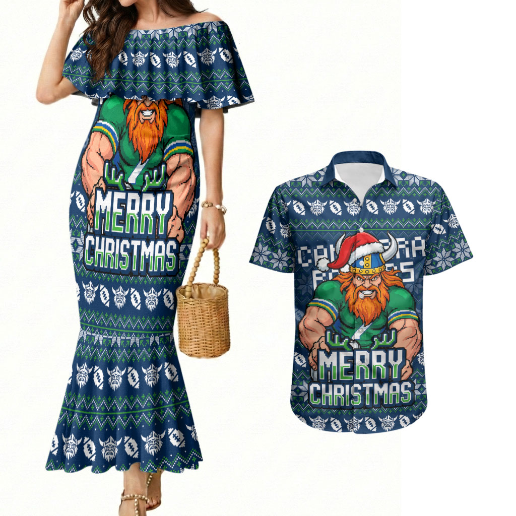 Personalized Canberra Raiders Christmas Couples Matching Mermaid Dress and Hawaiian Shirt Australian Rugby Fans - Pixelated Ugly Xmas Pattern Mascot Santa