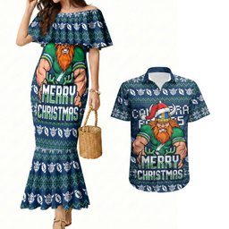 Personalized Canberra Raiders Christmas Couples Matching Mermaid Dress and Hawaiian Shirt Australian Rugby Fans - Pixelated Ugly Xmas Pattern Mascot Santa