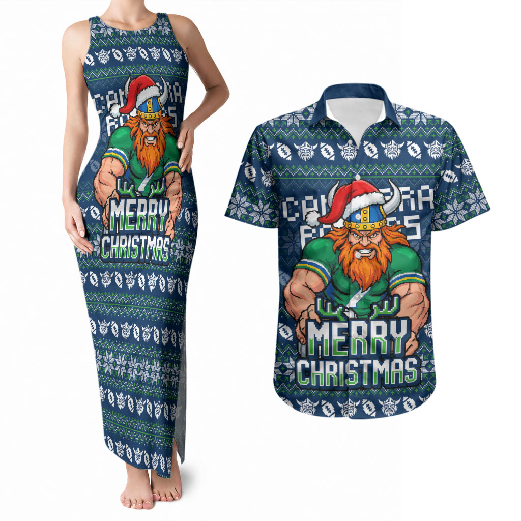 Personalized Canberra Raiders Christmas Couples Matching Tank Maxi Dress and Hawaiian Shirt Australian Rugby Fans - Pixelated Ugly Xmas Pattern Mascot Santa
