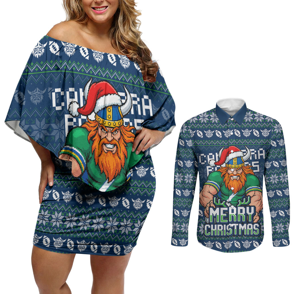 Personalized Canberra Raiders Christmas Couples Matching Off Shoulder Short Dress and Long Sleeve Button Shirt Australian Rugby Fans - Pixelated Ugly Xmas Pattern Mascot Santa