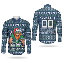 Personalized Canberra Raiders Christmas Couples Matching Off Shoulder Maxi Dress and Long Sleeve Button Shirt Australian Rugby Fans - Pixelated Ugly Xmas Pattern Mascot Santa
