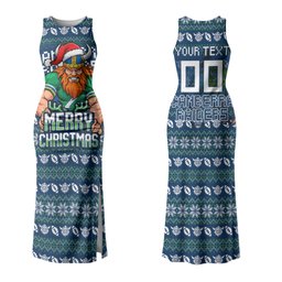 Personalized Canberra Raiders Christmas Couples Matching Tank Maxi Dress and Hawaiian Shirt Australian Rugby Fans - Pixelated Ugly Xmas Pattern Mascot Santa