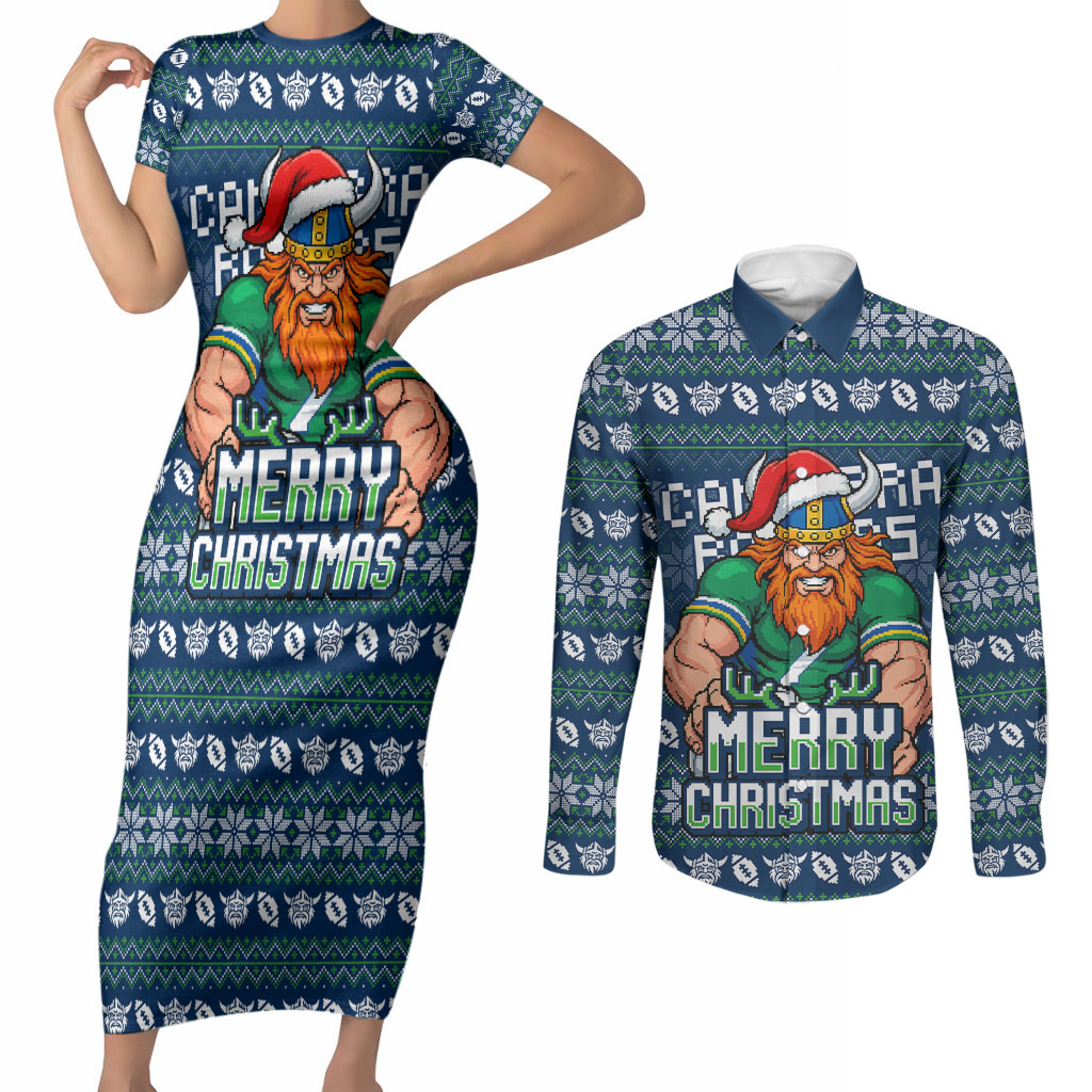 Personalized Canberra Raiders Christmas Couples Matching Short Sleeve Bodycon Dress and Long Sleeve Button Shirt Australian Rugby Fans - Pixelated Ugly Xmas Pattern Mascot Santa