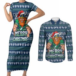 Personalized Canberra Raiders Christmas Couples Matching Short Sleeve Bodycon Dress and Long Sleeve Button Shirt Australian Rugby Fans - Pixelated Ugly Xmas Pattern Mascot Santa