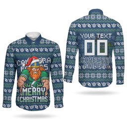 Personalized Canberra Raiders Christmas Couples Matching Off Shoulder Short Dress and Long Sleeve Button Shirt Australian Rugby Fans - Pixelated Ugly Xmas Pattern Mascot Santa