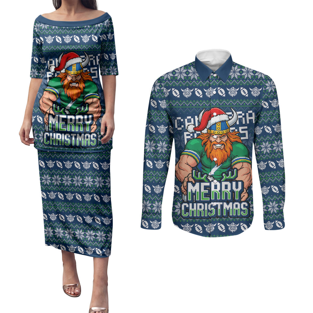 Personalized Canberra Raiders Christmas Couples Matching Puletasi and Long Sleeve Button Shirt Australian Rugby Fans - Pixelated Ugly Xmas Pattern Mascot Santa
