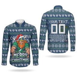Personalized Canberra Raiders Christmas Couples Matching Short Sleeve Bodycon Dress and Long Sleeve Button Shirt Australian Rugby Fans - Pixelated Ugly Xmas Pattern Mascot Santa