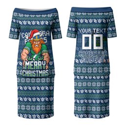 Personalized Canberra Raiders Christmas Couples Matching Puletasi and Long Sleeve Button Shirt Australian Rugby Fans - Pixelated Ugly Xmas Pattern Mascot Santa
