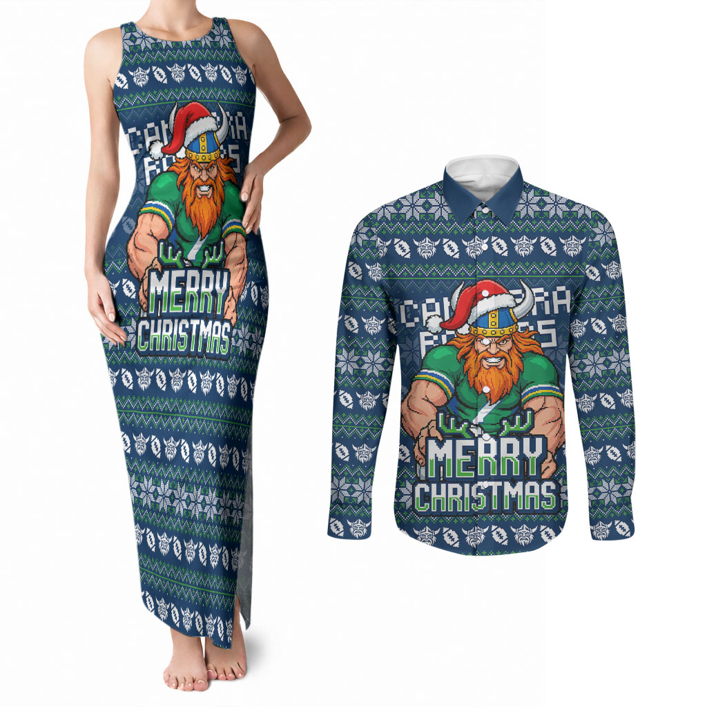 Personalized Canberra Raiders Christmas Couples Matching Tank Maxi Dress and Long Sleeve Button Shirt Australian Rugby Fans - Pixelated Ugly Xmas Pattern Mascot Santa