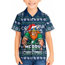 Personalized Canberra Raiders Christmas Kid Hawaiian Shirt Australian Rugby Fans - Pixelated Ugly Xmas Pattern Mascot Santa