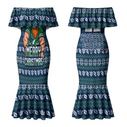 Personalized Canberra Raiders Christmas Couples Matching Mermaid Dress and Long Sleeve Button Shirt Australian Rugby Fans - Pixelated Ugly Xmas Pattern Mascot Santa