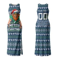 Personalized Canberra Raiders Christmas Couples Matching Tank Maxi Dress and Long Sleeve Button Shirt Australian Rugby Fans - Pixelated Ugly Xmas Pattern Mascot Santa