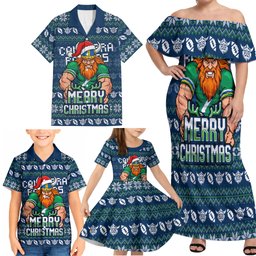 Personalized Canberra Raiders Christmas Family Matching Off Shoulder Maxi Dress and Hawaiian Shirt Australian Rugby Fans - Pixelated Ugly Xmas Pattern Mascot Santa
