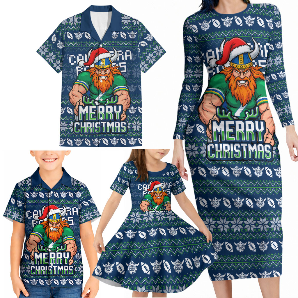 Personalized Canberra Raiders Christmas Family Matching Long Sleeve Bodycon Dress and Hawaiian Shirt Australian Rugby Fans - Pixelated Ugly Xmas Pattern Mascot Santa