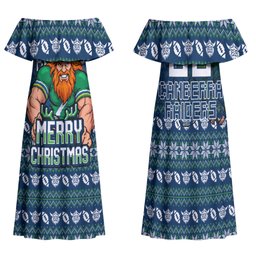 Personalized Canberra Raiders Christmas Family Matching Off Shoulder Maxi Dress and Hawaiian Shirt Australian Rugby Fans - Pixelated Ugly Xmas Pattern Mascot Santa