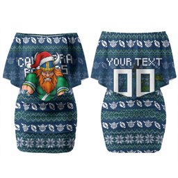 Personalized Canberra Raiders Christmas Family Matching Off Shoulder Short Dress and Hawaiian Shirt Australian Rugby Fans - Pixelated Ugly Xmas Pattern Mascot Santa