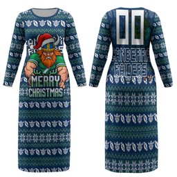 Personalized Canberra Raiders Christmas Family Matching Long Sleeve Bodycon Dress and Hawaiian Shirt Australian Rugby Fans - Pixelated Ugly Xmas Pattern Mascot Santa