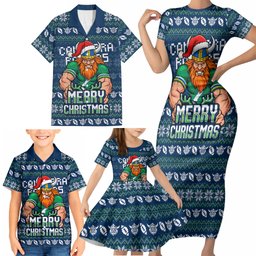 Personalized Canberra Raiders Christmas Family Matching Short Sleeve Bodycon Dress and Hawaiian Shirt Australian Rugby Fans - Pixelated Ugly Xmas Pattern Mascot Santa
