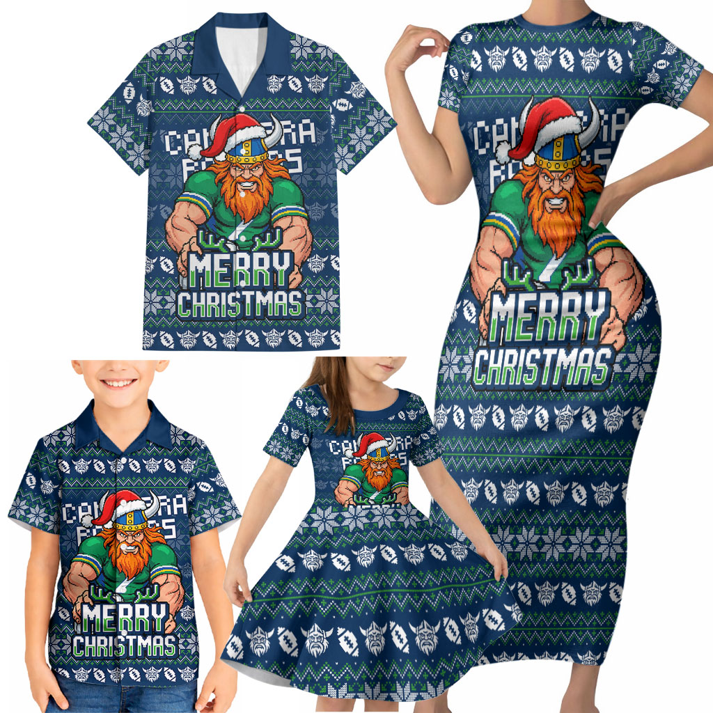 Personalized Canberra Raiders Christmas Family Matching Short Sleeve Bodycon Dress and Hawaiian Shirt Australian Rugby Fans - Pixelated Ugly Xmas Pattern Mascot Santa