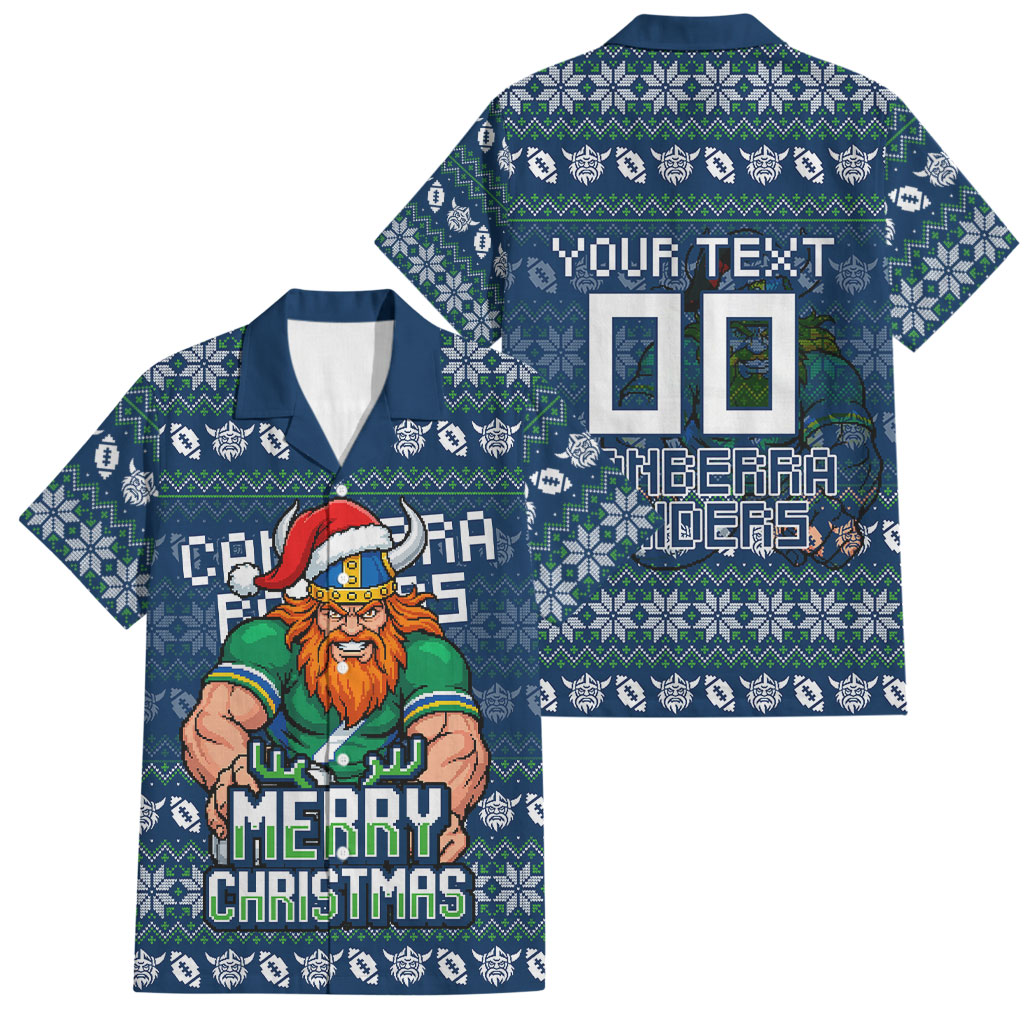 Personalized Canberra Raiders Christmas Family Matching Off Shoulder Short Dress and Hawaiian Shirt Australian Rugby Fans - Pixelated Ugly Xmas Pattern Mascot Santa