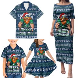 Personalized Canberra Raiders Christmas Family Matching Puletasi and Hawaiian Shirt Australian Rugby Fans - Pixelated Ugly Xmas Pattern Mascot Santa