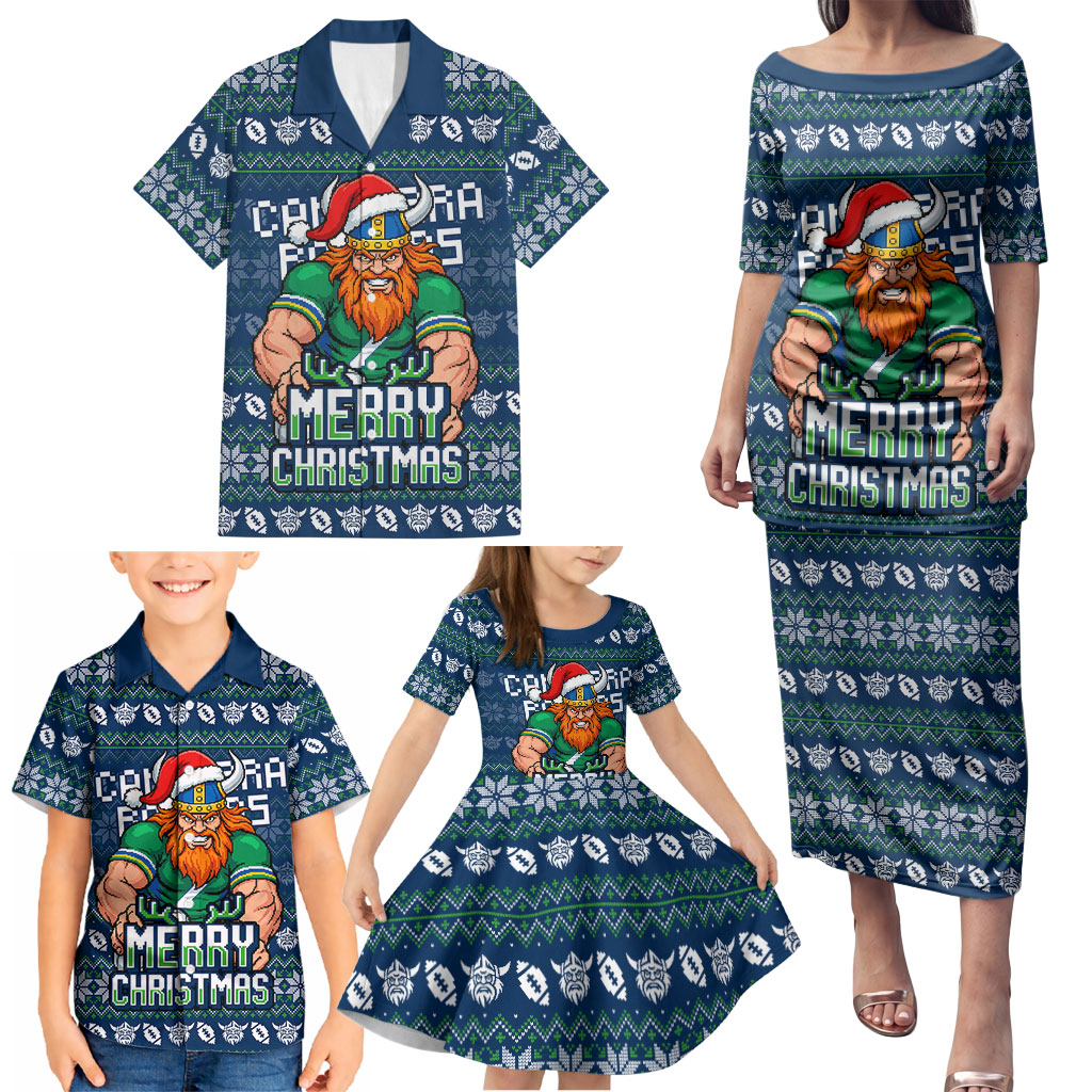 Personalized Canberra Raiders Christmas Family Matching Puletasi and Hawaiian Shirt Australian Rugby Fans - Pixelated Ugly Xmas Pattern Mascot Santa