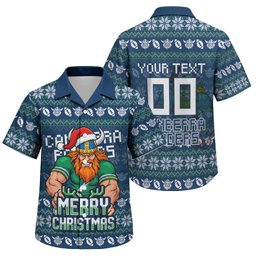 Personalized Canberra Raiders Christmas Family Matching Long Sleeve Bodycon Dress and Hawaiian Shirt Australian Rugby Fans - Pixelated Ugly Xmas Pattern Mascot Santa