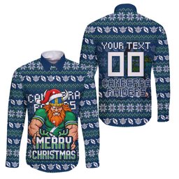 Personalized Canberra Raiders Christmas Family Matching Puletasi and Hawaiian Shirt Australian Rugby Fans - Pixelated Ugly Xmas Pattern Mascot Santa
