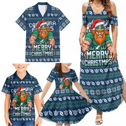 Personalized Canberra Raiders Christmas Family Matching Summer Maxi Dress and Hawaiian Shirt Australian Rugby Fans - Pixelated Ugly Xmas Pattern Mascot Santa