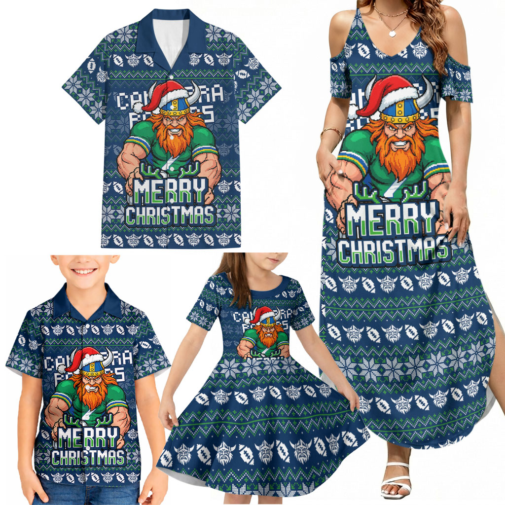 Personalized Canberra Raiders Christmas Family Matching Summer Maxi Dress and Hawaiian Shirt Australian Rugby Fans - Pixelated Ugly Xmas Pattern Mascot Santa
