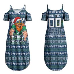 Personalized Canberra Raiders Christmas Family Matching Summer Maxi Dress and Hawaiian Shirt Australian Rugby Fans - Pixelated Ugly Xmas Pattern Mascot Santa